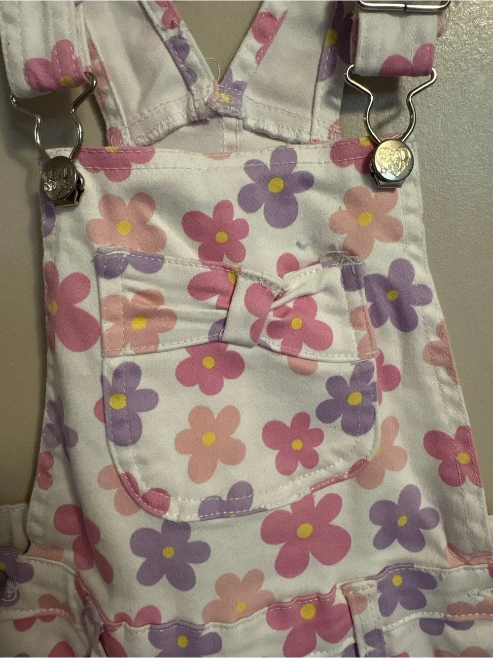 Girls Floral Print White Short Overalls
